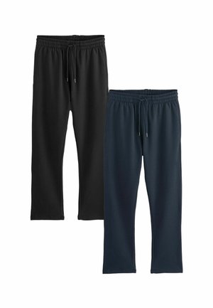 Two pairs of jogger pants: one black and one dark blue. Both feature an elastic waistband with a drawstring and a smooth, solid fabric.