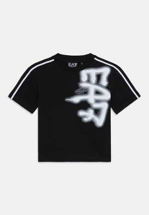 Black cotton t-shirt with short sleeves, features white graphic print on front, and white striped accents on shoulder seams.