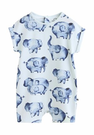 Kratek romper s kratkimi rokavi svetlo modre barve z igrivim vzorcem akvarelnega slona v temno modri barvi. Mehka tkanina z zadrgo na vratnem delu.
