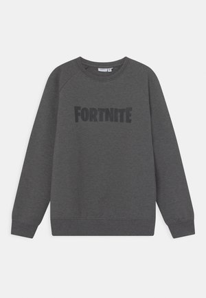 Grauer Pullover aus weichem Stoff mit Rundhalsausschnitt und Raglanärmeln. Schwarzer Schriftzug "FORTNITE" auf der Vorderseite gedruckt.