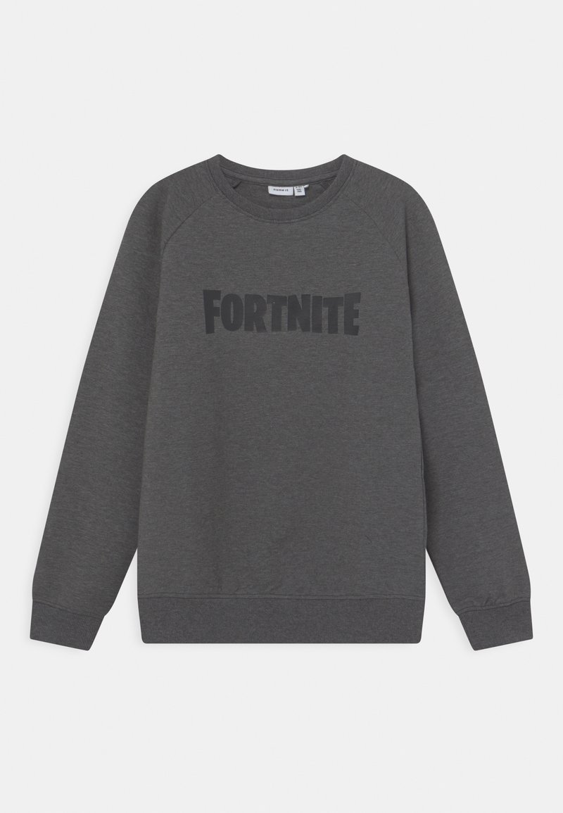 Sweat-shirt gris en tissu doux, doté d'un col rond et de manches raglan. Inscription noire "FORTNITE" imprimée sur le devant.