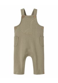 Pantalones de mezclilla verdes con bordado de dinosaurio, botones de madera y dos bolsillos laterales. Piernas estilo pantalón corto y una textura suave.