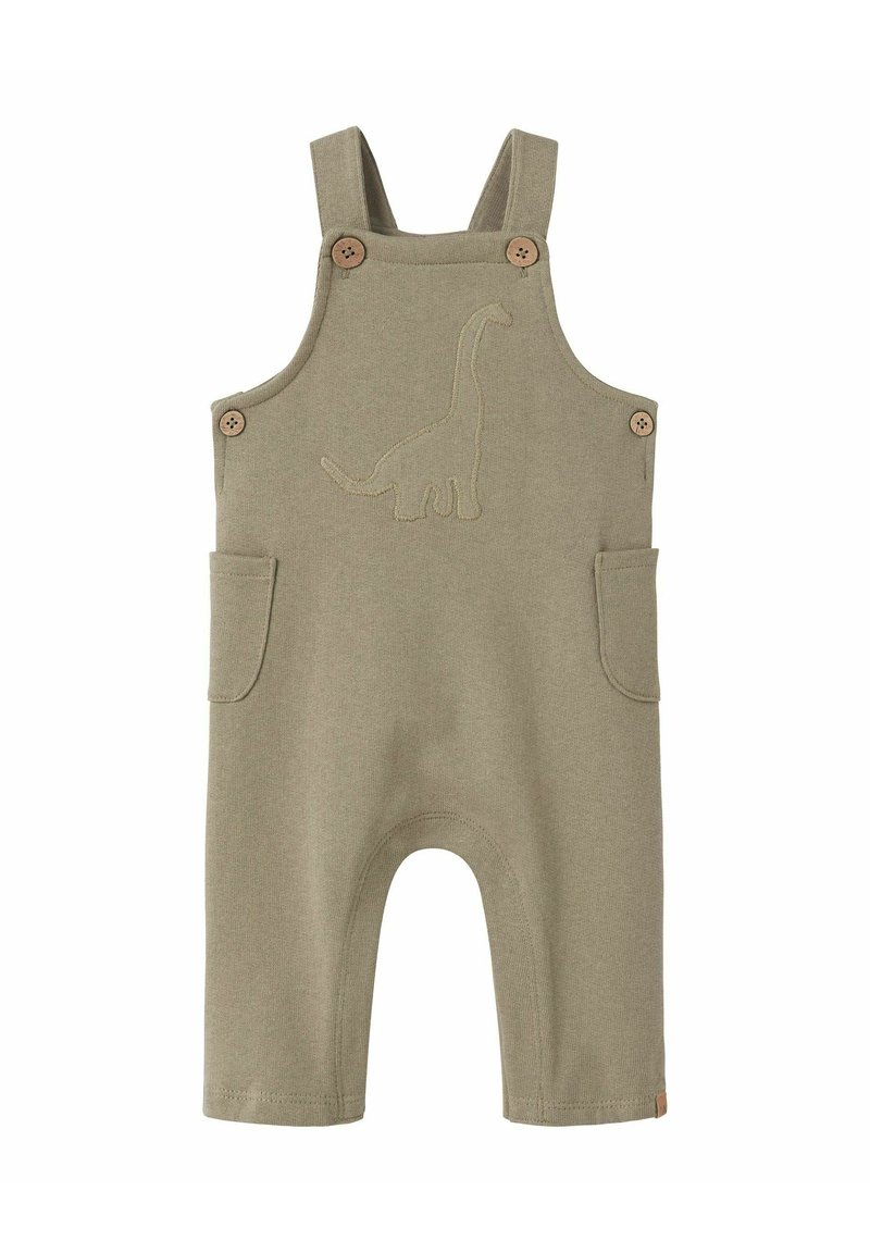 Pantalones de mezclilla verdes con bordado de dinosaurio, botones de madera y dos bolsillos laterales. Piernas estilo pantalón corto y una textura suave.