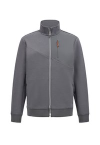 Veste zippée grise avec col montant, panneaux de texture contrastante, poche zippée à l'avant avec accent orange, et poignets et ourlet côtelés.