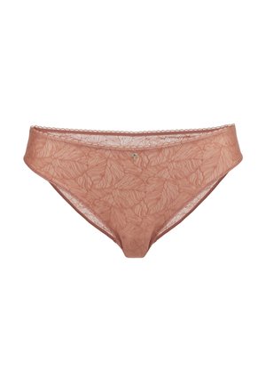 Lace bikini in soft dusty rose with a floral pattern, scalloped edges, and a small metallic accent at the front. Female cut and shape.