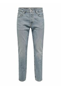 Jeans en denim bleu clair avec une coupe droite, un design à cinq poches et une finition légèrement délavée, dotés d'une fermeture à bouton métallique et de passants de ceinture.