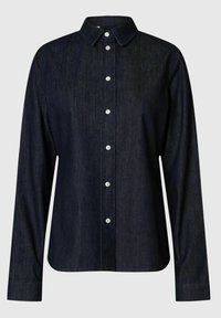 Tamsiai mėlynas džinsinis marškinėlių švarkas su smailiu apykakle, ilgomis rankovėmis ir baltais mygtukais. Turi tiesią tinkamumo formą ir švelnią tekstūrą.