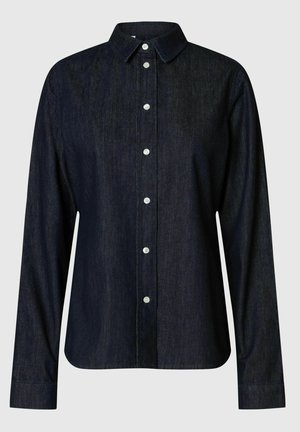 Tumedat denimi nööpidega särk terava kraega, pikad varrukad ja valged nööbid. Omab sirget lõiget ja pehmet tekstuuri.