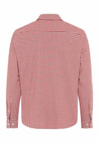 Chemise à manches longues boutonnée avec petit motif à carreaux rouges et blancs, vue de dos avec col et poignets boutonnés visibles.