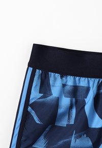 Bañador azul con un patrón y una cinturilla azul marino, que presenta formas abstractas y una textura suave. Incluye rayas laterales en un color de contraste.