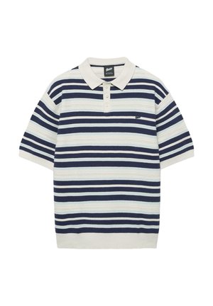 Kortærmet polo-shirt med horisontale navy- og hvide striber, knappet krave og lille broderet logo på brystet.