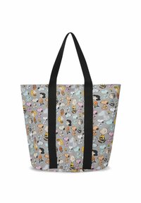Tote-Bag mit einem hellgrauen Körper, der bunte Cartoonfiguren und Icons zeigt. Schwarze Griffe und ein robustes Design für den täglichen Gebrauch.