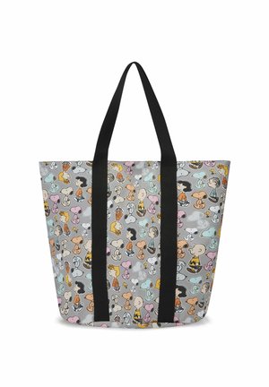 Tote bag met een lichtgrijze basis, versierd met kleurrijke cartoonfiguren en iconen. Zwarte handvatten en een stevige constructie voor dagelijks gebruik.