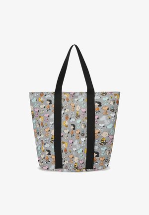 Tote bag met een lichtgrijze basis, versierd met kleurrijke cartoonfiguren en iconen. Zwarte handvatten en een stevige constructie voor dagelijks gebruik.