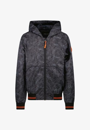 Zwarte capuchonjas met abstract patroon van contourlijnen, ritssluiting aan de voorkant met oranje treklip, en manchetten en zoom met oranje strepen.