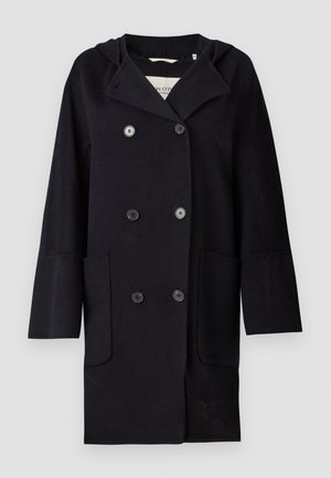 Double-breasted black coat with a hood, made of thick fabric. Features two front pockets and four circular buttons on the front.