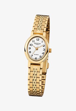 Goldfarbene Metall-Armbanduhr mit ovalem weißem Zifferblatt, schwarzen arabischen Ziffern, drei goldfarbenen Zeigern und einem Gliederarmband.