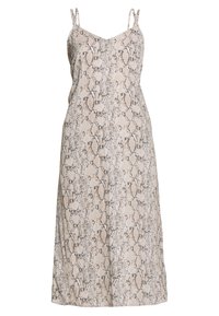 Olkapääremmi-mekko, jossa on beigen ja harmaan käärmeennahkakuosiset kuviot. Kevyt kangas, jossa on rento istuvuus ja suora helma.