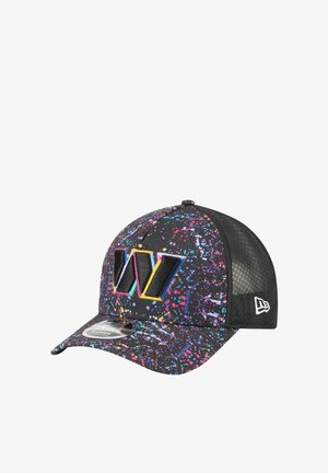 Black cap with colorful splatter pattern, mesh back, and a 3D embroidered logo in blue, pink, and yellow accents on the front.