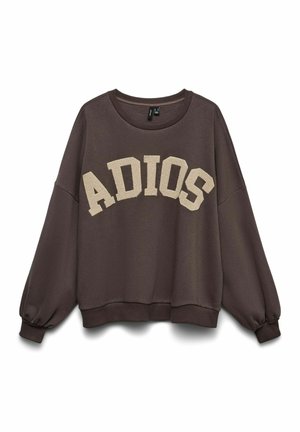 Sweat-shirt marron foncé avec des manches longues bouffantes et le lettrage texturé beige « ADIOS » sur la poitrine.
