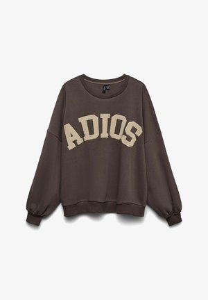 Dunkelbraunes Sweatshirt mit langen, aufgebauschten Ärmeln und beiger, strukturierter "ADIOS"-Beschriftung quer über der Brust.