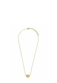 Collier en métal doré avec une fine chaîne et un pendentif en forme de nœud décoratif au centre. Comprend un fermoir de type homard et une longueur ajustable.