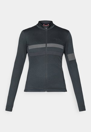 Long-sleeved black cycling jacket with a zip front, featuring horizontal gray mesh stripes and the brand logo on the chest. Smooth fabric texture.