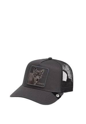 Casquette trucker gris foncé avec un dos en mesh noir, une visière incurvée et un écusson représentant un loup avec l’inscription « Loner ».