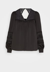 Svart blus med spets V-hals och rygg, långa puffärmar med spetsdetaljer och lös passform. Slät tygkänsla.