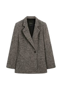 Blazer con motivo houndstooth grigio e nero, doppiopetto con rever a punta, dotato di tasche laterali e realizzato in tessuto di lana testurizzato.