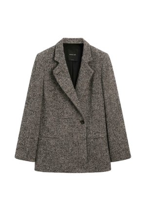 Grå og sort houndstooth-mønstrede blazer, dobbeltradet med klapkrave, der har sidelommer og tekstureret uldmateriale.