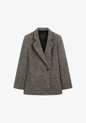 Grau-schwarzer Blazer mit Hahnentritt-Muster, doppelt knöpfbar mit Reverskragen, ausgestattet mit Seitentaschen und aus strukturiertem Wollmaterial.