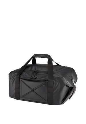 Black waterproof duffel bag with dual handles, front zippered pocket, and adjustable shoulder strap isolated on white background.