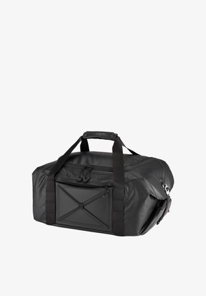 Black waterproof duffel bag with dual handles, front zippered pocket, and adjustable shoulder strap isolated on white background.