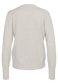 Pull rayé gris et blanc à manches longues, avec des poignets côtelés et un col rond classique. La vue de dos met en valeur le motif de rayures continue.