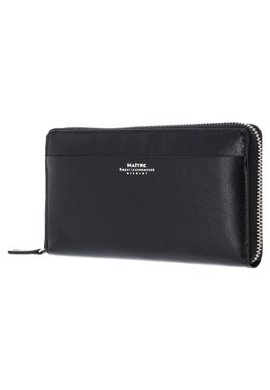 Portefeuille en cuir noir avec une texture lisse, fermeture zippée et un logo argenté sur le devant. Présente un profil mince et des emplacements pour cartes.