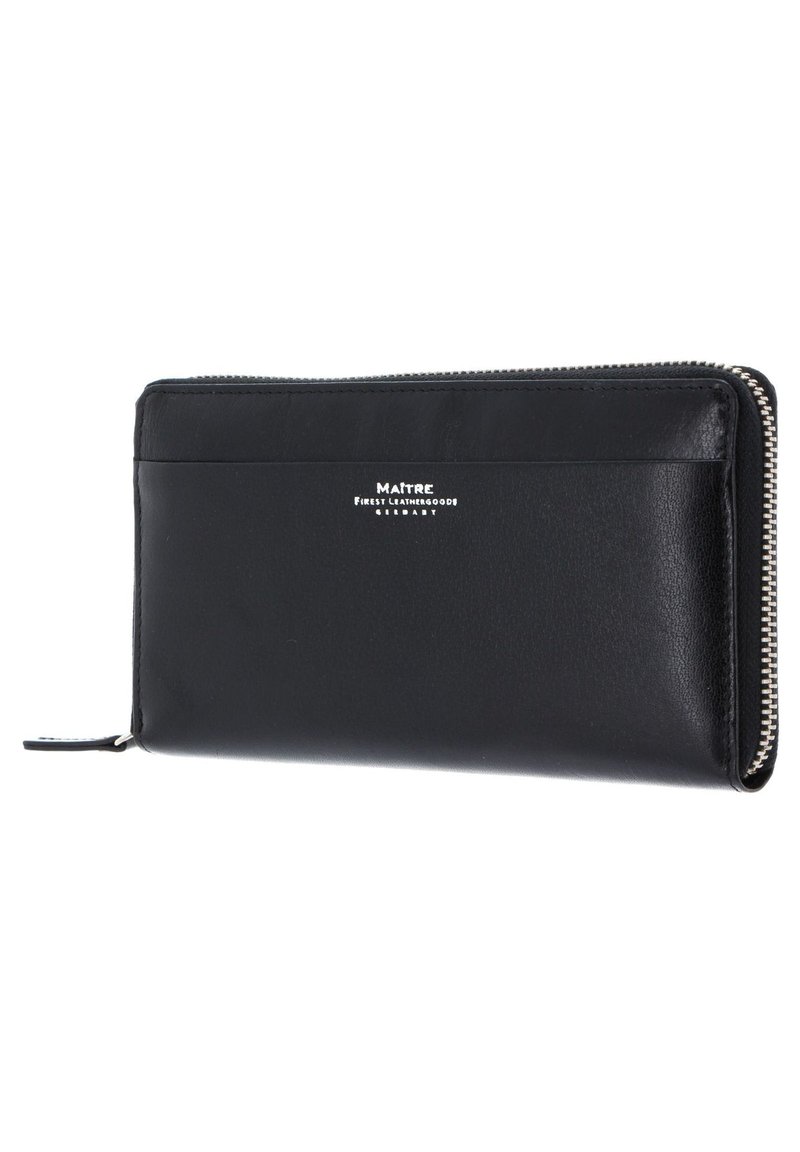 Portefeuille en cuir noir avec une texture lisse, fermeture zippée et un logo argenté sur le devant. Présente un profil mince et des emplacements pour cartes.