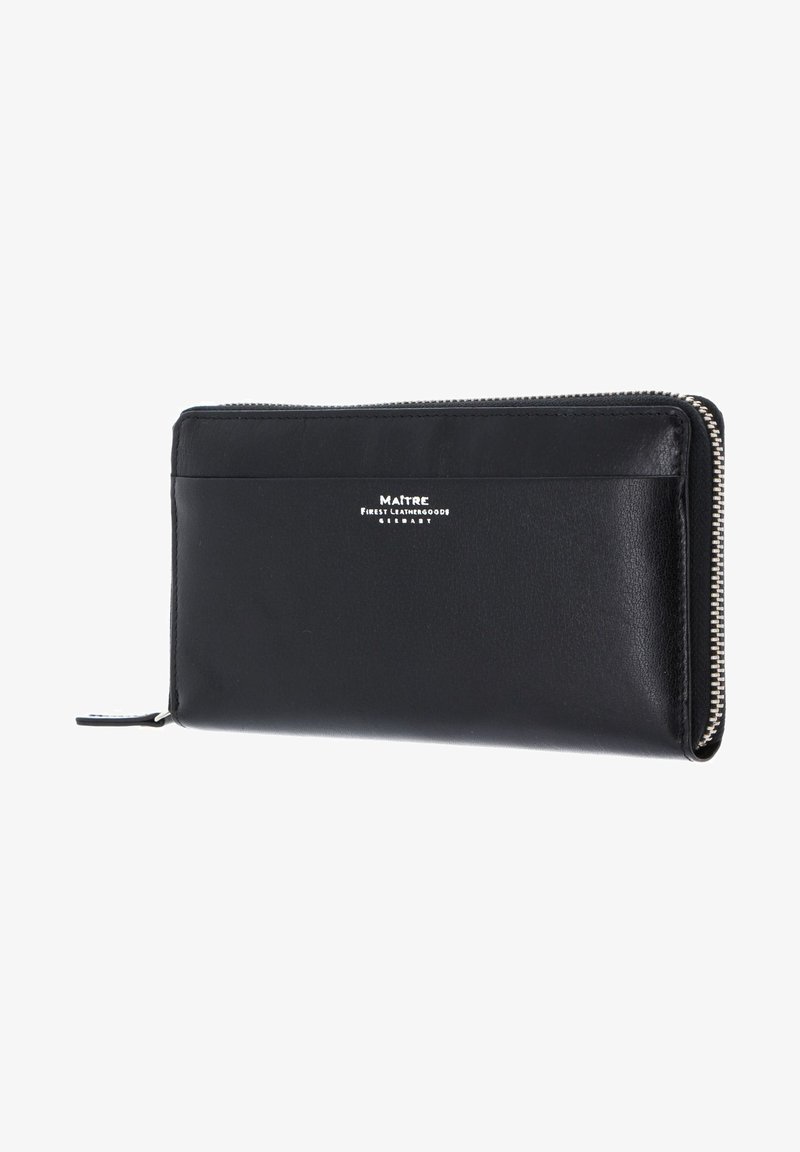 Black leather wallet with a smooth texture, zip closure, and a silver logo on the front. Features a slim profile and card slots.