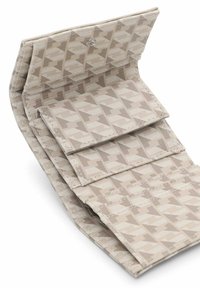 Beige wallet made of textured material featuring a geometric pattern in light brown. Contains multiple card slots and a snap closure.