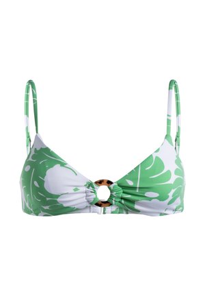 Zelený a biely bikiny top s listovým vzorom, na ktorom sa v strede nachádza kruhový akcent s leopardím vzorom a nastaviteľnými tenkými ramienkami.