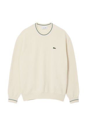Cremefarbener Sweatshirt aus weichem Stoff mit geripptem Hals- und Ärmelbündchen. Mit einem grün-weißen gestreiften Ausschnitt. Kleines besticktes Logo auf der Brust.