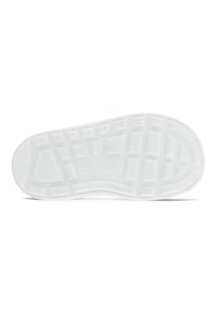 Witte rubberen sneaker zool met een gemarmerd patroon en merklogo. Bevat verhoogde secties voor grip en duurzaamheid.