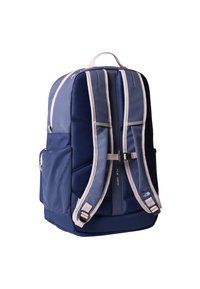 Navy blue backpack with gray accents, padded straps, mesh side pockets, and a top handle. Features a sleek design and adjustable straps.