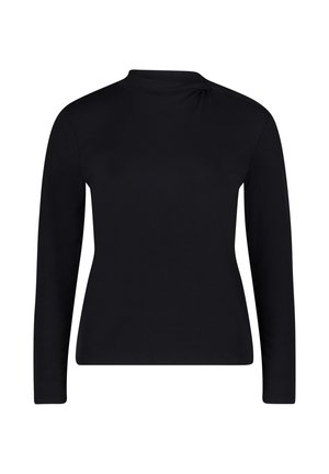Zwarte longsleeve top met een hoge hals, met een lichte gathering details op de linker schouder, gemaakt van zachte, rekbare stof.