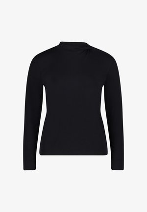 Black long-sleeve top with a high neck, featuring a slight gathering detail on the left shoulder, made from soft, stretchy fabric.