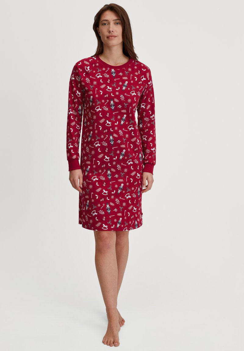 Nightdress lungo rosso a maniche lunghe con un divertente motivo bianco e blu di uccelli e fiocchi di neve, realizzato in tessuto morbido e dotato di un colletto rotondo.