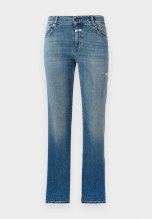 Jeans rectos de color azul claro, hechos de denim. Presentan una cintura de altura media, bolsillos frontales y un ligero desgastado en la tela.