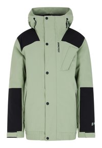 Hellegrüne wasserdichte Jacke mit schwarzen Akzenten, Kapuze, Reißverschlusstasche und verstellbaren Bündchen. Hergestellt aus glattem, strapazierfähigem Material.
