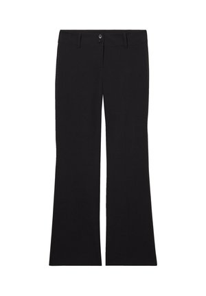 Pantaloni neri svasati realizzati in tessuto liscio, con due tasche frontali, chiusura con zip e due bottoni in vita.