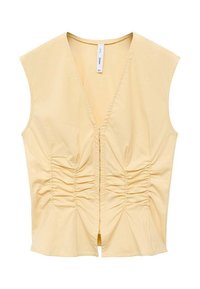 Top senza maniche giallo con scollo a V, caratterizzato da dettagli arricciati nella parte anteriore per una maggiore texture. Tessuto liscio con silhouette aderente.
